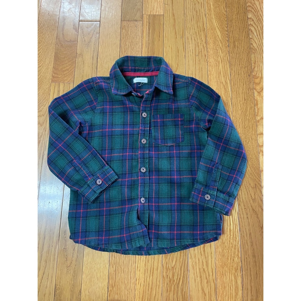 Mud Pie Kids Boys Green Navy Red Plaid Flannel Button Down Shirt Size 4T-5T